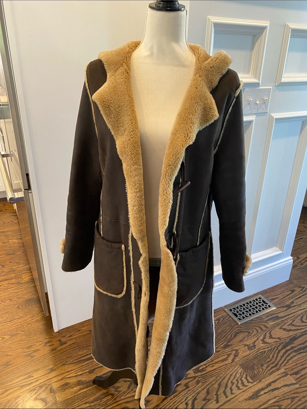 Vintage Escada Brown Trench Coat with Tan Shearling Trim